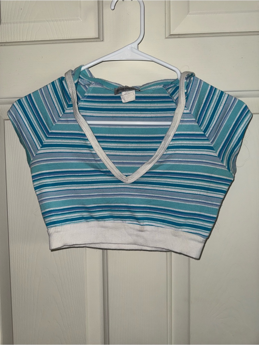 Body Central Teal, Aqua & White Striped V-Neck Crop Top